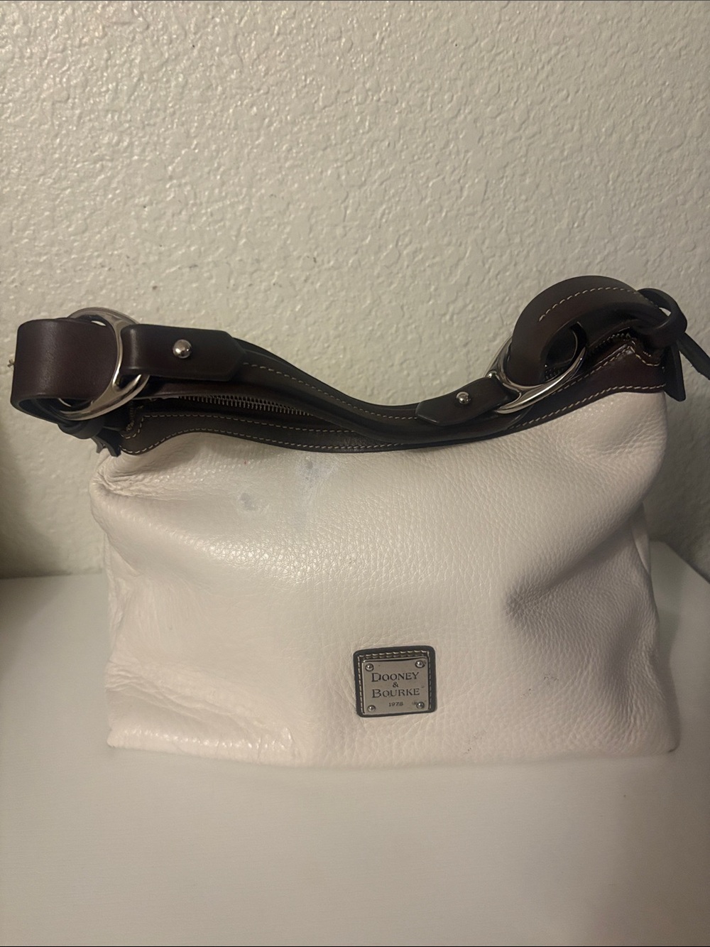 Dooney & Bourke White Leather Shoulder Bag with Brown Trim